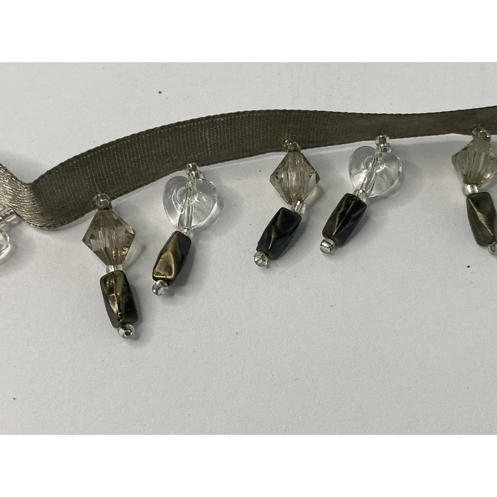 Beaded Tassel Fringe Trim 4+ Yards;  Grey Clear Heart Dangle Sewing Lamps Crafts